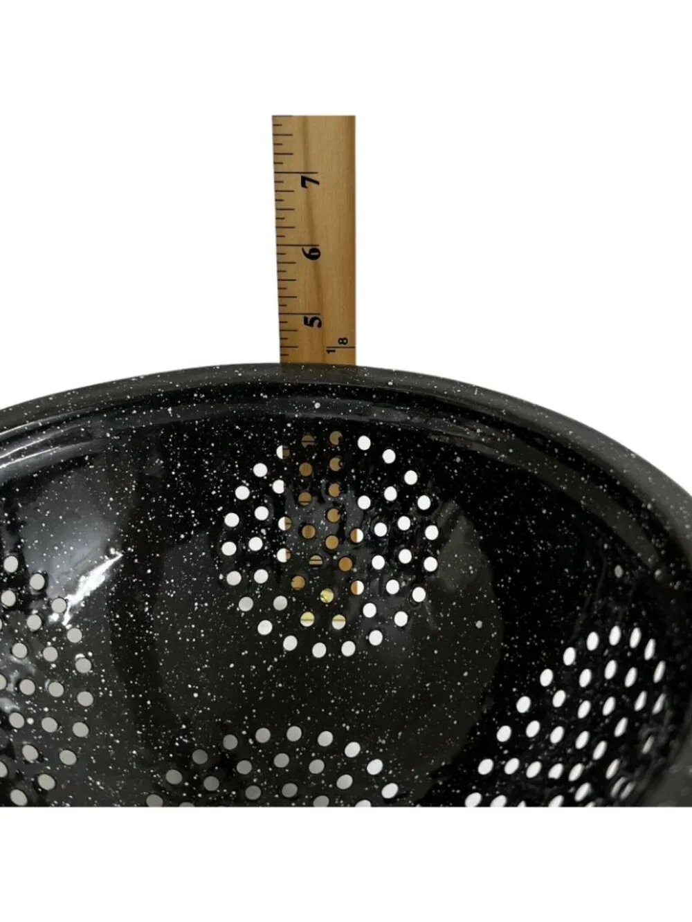 Vintage Enamelware Graniteware Colander Black White Speckled Strainer 9